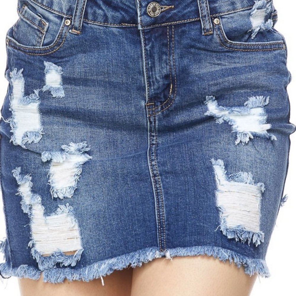 Women's Distressed Stretch Denim Skirt with Frayed